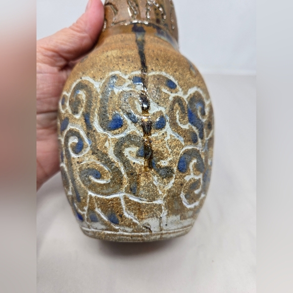 Rustic Pottery Vase Brown & Blue Dripped Glaze Round 7x4 Circumference 12.75 - Picture 9 of 10